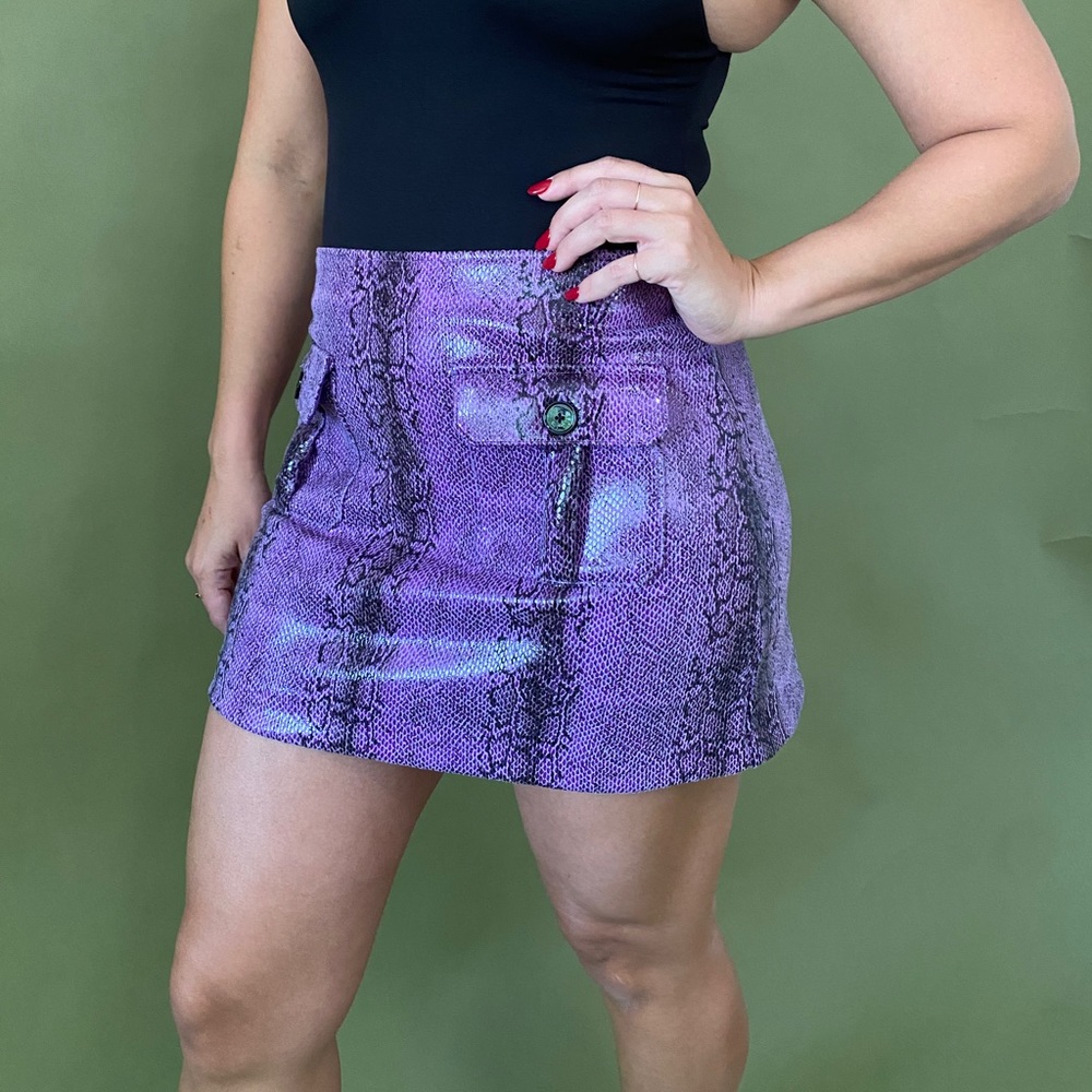 Y2K purple snakeskin mini skirt.
